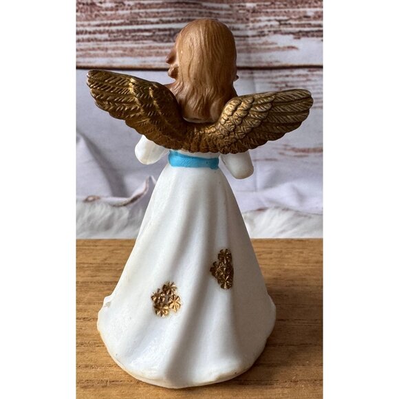 VTG Hong Kong Plastic Christmas Angel White and Gold Dress with Blue Ribbon - Picture 3 of 7